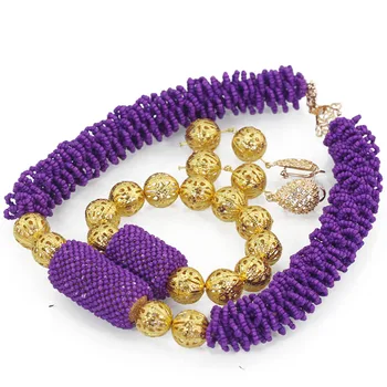 Trendy Ručné Nigérijský Korálkové Svadobné Šperky Set Najnovšie Fialová Korálky Robustný Afriky Šperky Sady Zlaté Šperky Príslušenstvo ABH550