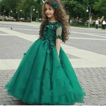 Roztomilý Smaragdovo Zelená Dievčatá Sprievod Priesvitné Šaty Krátke Rukávy Princezná plesové Šaty Dieťa Formálne Šaty Flower Girl Šaty na Svadbu