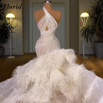 Nádherné Biele Perie Celebrity Šaty Pre Ženy Perly Elegantné Večerné Šaty Dlhé Grand Party Šaty Vestidos Formales