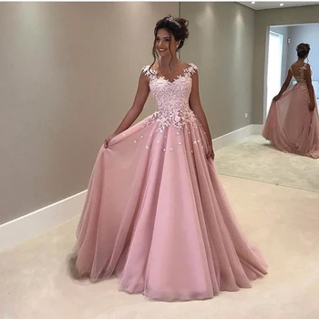 Ružové Šaty Dlhé Večerné Šaty 2020-line Tylu Čipky Appliques Formálne šaty Dubaj Saudskej arabčina Prom party šaty