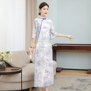 2022 cheongsam ao dai vietnam elegantný štýl lady saténové šaty retro mandarin golier kvetina tlače aodai šaty čínske šaty qipao