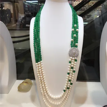 Ručne viazané prírodné 3rows bielych sladkovodných perál 8 mm zelený kameň micro vložkou zirkón príslušenstvo náhrdelník módne šperky