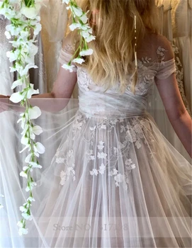 Mimo Rameno Križujú Ruched Tylu Kvety Nášivka A-Line Elegantné Svadobné Šaty Sweep Vlak Svadobné Šaty