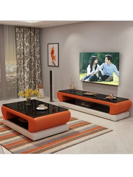 Prírodné dizajnér sklo kožený Konferenčný Stolík Obývacia Izba + TV stojan, moderný minimalistický obdĺžnik mesas centro de tabuľka basse