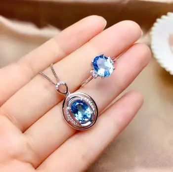 Prírodné blue topaz drahokam šperky sady prírodný drahokam prsteň Prívesok 925 striebro módne surround kolo ženy strany darček šperky