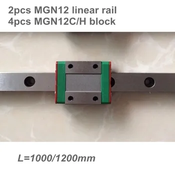 2 ks 12 mm Lineárny Sprievodca MGN12 L=1000 1200 mm lineárny železničnej cesty + 4pcs MGN12C alebo MGN12H Dlhé lineárne prepravu