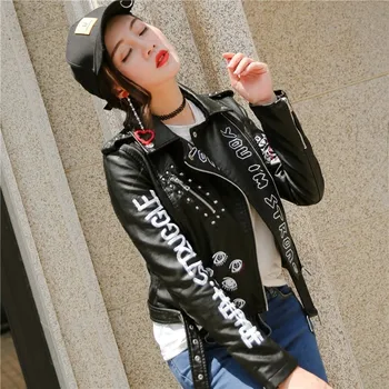 Ženský Vzor Black Nit Hip Hop Krátky Zips Kabát Ženy Tlačené Písmená Pu Kožené Sako Biker Moto Čierna Bunda Faux
