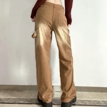 Vintage Brown Neforemné Ženy Džínsy Voľné Polovice Pás Vrecká Širokú Nohu Cargo Nohavice Harajuku Módne Bežné Streetwear Džínsové Nohavice