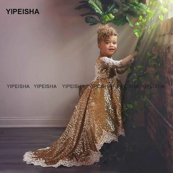 Yipeisha Lopatka Dlhé Rukávy Kvetina Dievča Šaty pre Svadobné Zlato Sequin Prvé sväté Prijímanie Šaty Čipky Party Šaty pre Deti