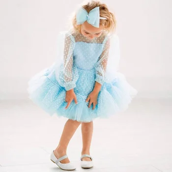 Na Predaj Roztomilý Sky Blue Flower Dievčatá Šaty 2021 Deti Party Šaty S Dlhými Rukávmi Jewel Krku, Krátke Deti Formálne Oblečenie Koleno Dĺžke