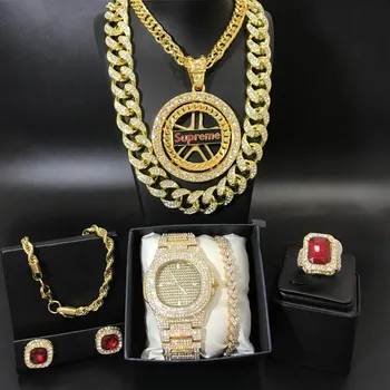 Luxusné Mužov Zlato Watch & Náhrdelník &Braclete &Krúžok&Náušnice Kombinovaný Set Ľadu Z Kubánskej Jewerly Crystal Miami Náhrdelník Hip Hop Pre Mužov