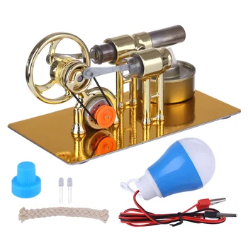 γ-Typ Jedno-valec Stirling Motor Generátor Model Veda Experiment Vzdelávacie Hračka Darček s LED Diódy a Žiarovky - Zlatá
